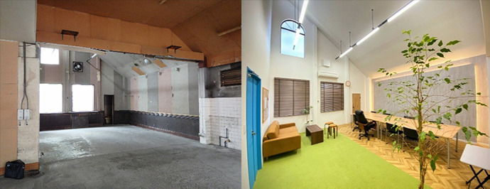 板橋営業所の工事前（左）と工事後（右）のお写真取材でお伺いしましたが、明るく開放感のある素敵な会議室でした。