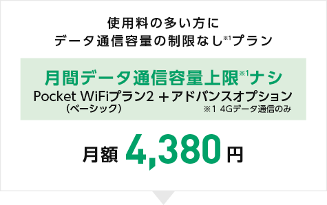 使用量の多い方にデータ通信容量の制限なしプラン 月間データ通信容量上限ナシ Pocket WiFi®プラン2（ベーシック）＋アドバンスオプション 月額4,380円