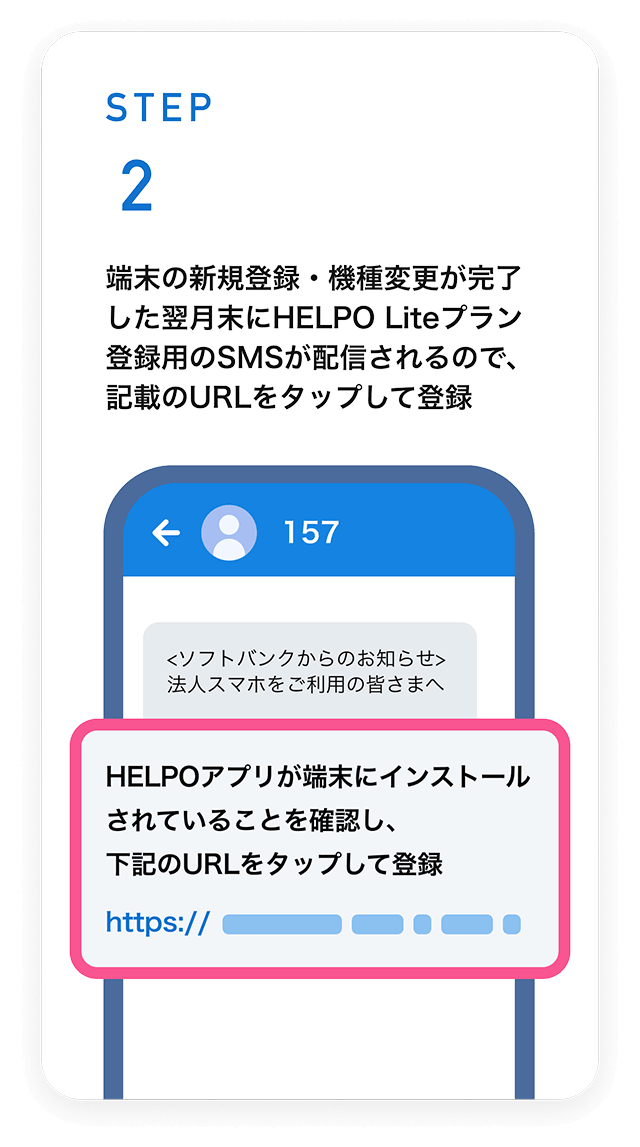STEP2　端末の新規登録・機種変更が完了した翌月末にHELPO Lite プラン登録用のSMSが配信されるので、記載のURLをタップして登録