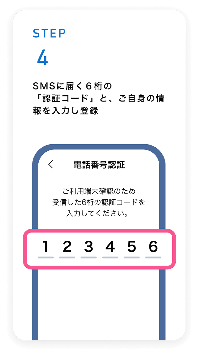 STEP4　SMSに届く6桁の「認証コード」と、ご自身の情報を入力し登録