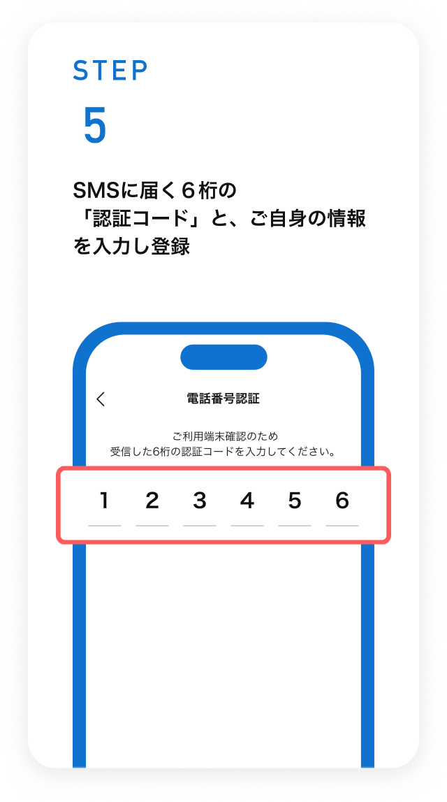 STEP5　SMSに届く6桁の「認証コード」と、ご自身の情報を入力し登録