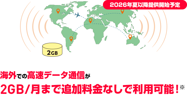 【国際ローミング（世界対応ケータイ）】海外での高速データ通信が2GB/月まで追加料金なしで利用可能！※