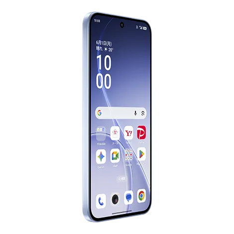 OPPO Reno15 A OPPO オーロラブルー スマホ（斜め前から見たフロントディスプレイ） | Y!mobile（ワイモバイル）