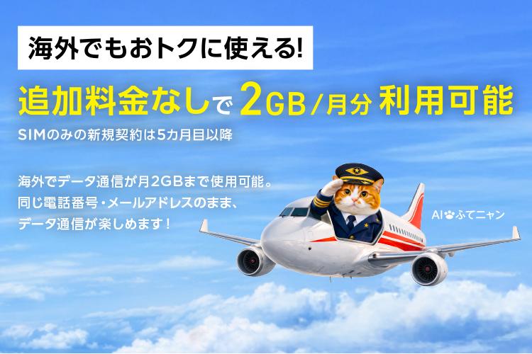 海外でデータ通信が月2GBまで使用可能。