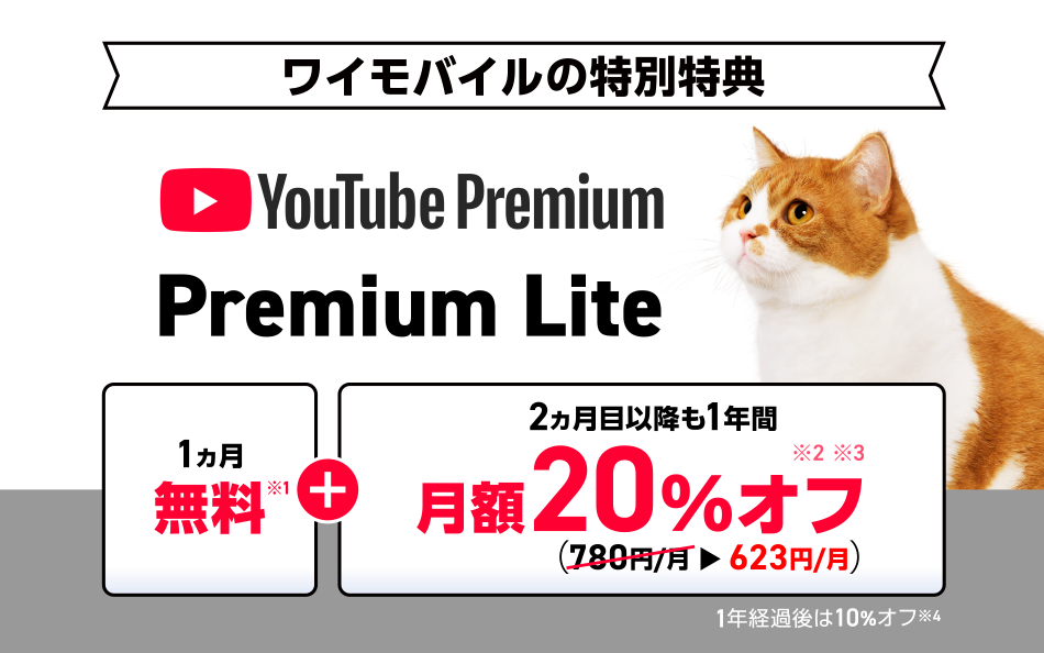 YouTube Premium Lite 1ヵ月無料！2ヵ月目以降も 1年間月額20%オフ