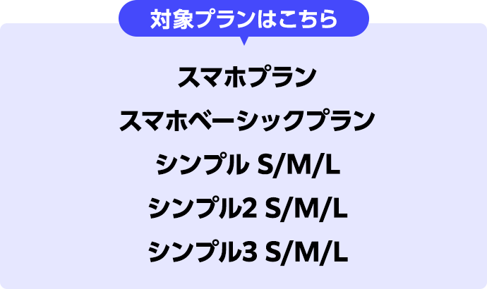 対象プランはこちら スマホプラン、スマホベーシックプラン、シンプル S/M/L、シンプル2 S/M/L、シンプル3 S/M/L
