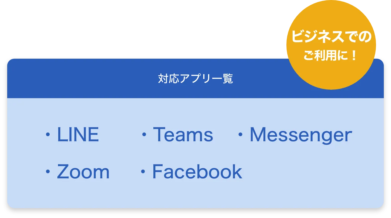 ビジネスでのご利用に！対応アプリ一覧　・LINE・Teams・Messenger・Zoom・Facebook