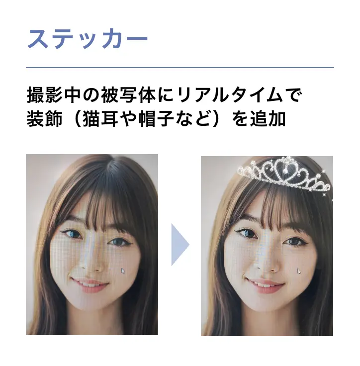 ステッカー 撮影中の被写体にリアルタイムで装飾（猫耳や帽子など）を追加