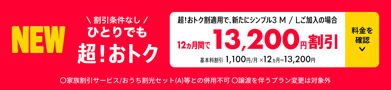 割引条件なし ひとりでも超！おトク 12ヵ月間で13,200円割引