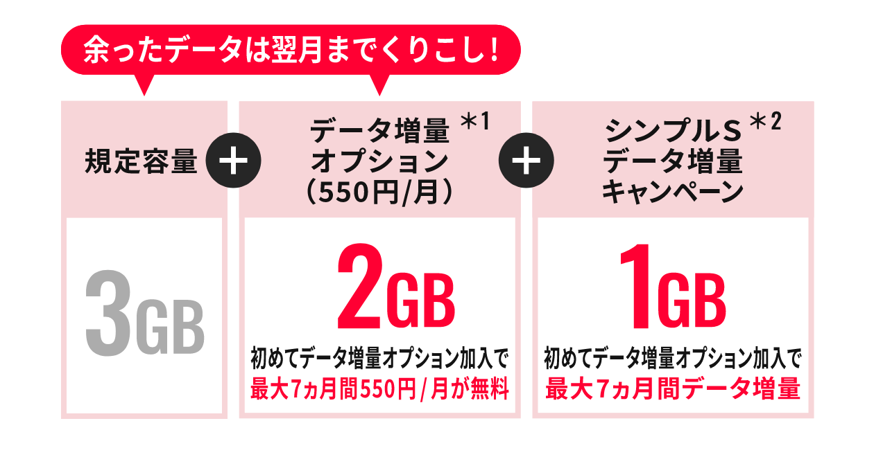 データ増量オプション550円/月 （データ増量無料キャンペーン2に加入した場合1年間無料）月間データ容量3GB→5GB